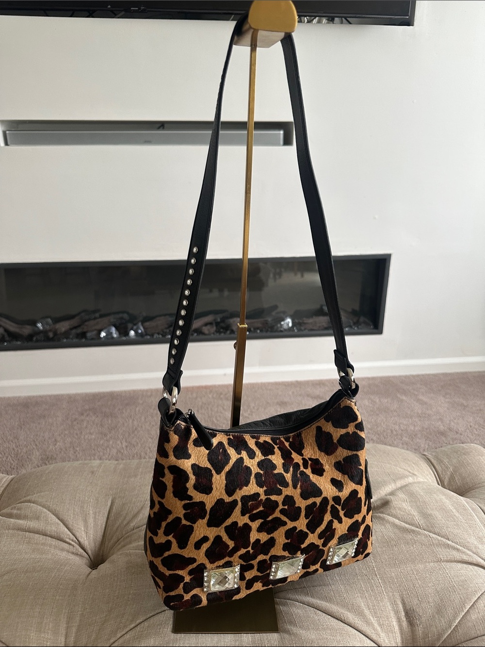 Leopard Print Shoulder Bag with Studded Black Strap